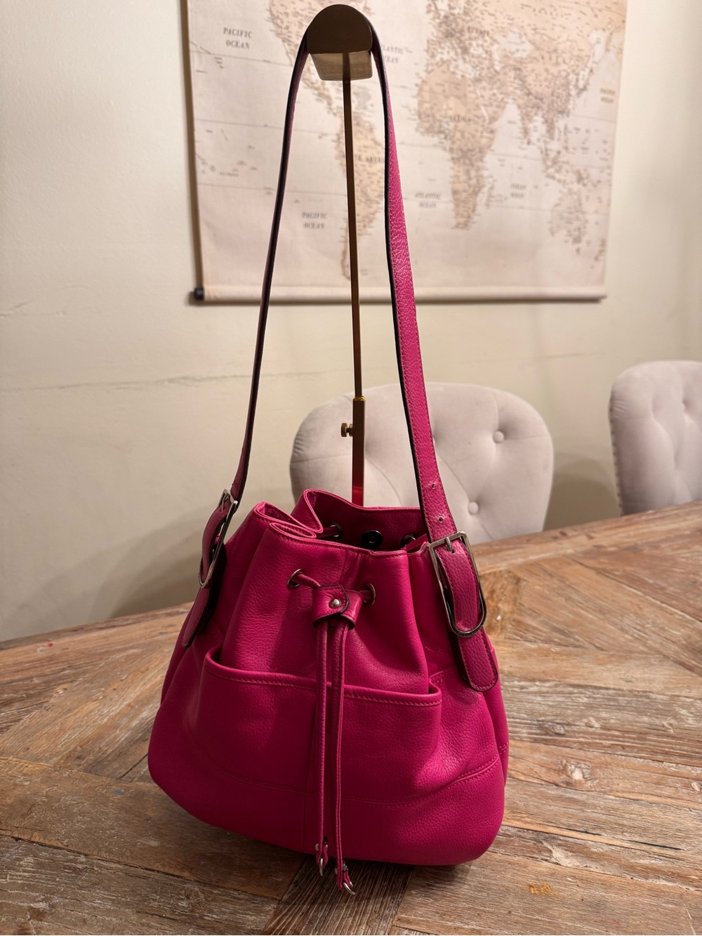 Tignanello Hot Pink Leather Drawstring Bucket Bag